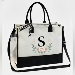 Monogrammed Floral Letter -S- Canvas Tote Bag Zipper Pocket Side Pouch Gift NWT